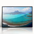 Large abstract wall art depicting the serene Bora Bora landscape in muted blue and green tones, framed in black acrylic.