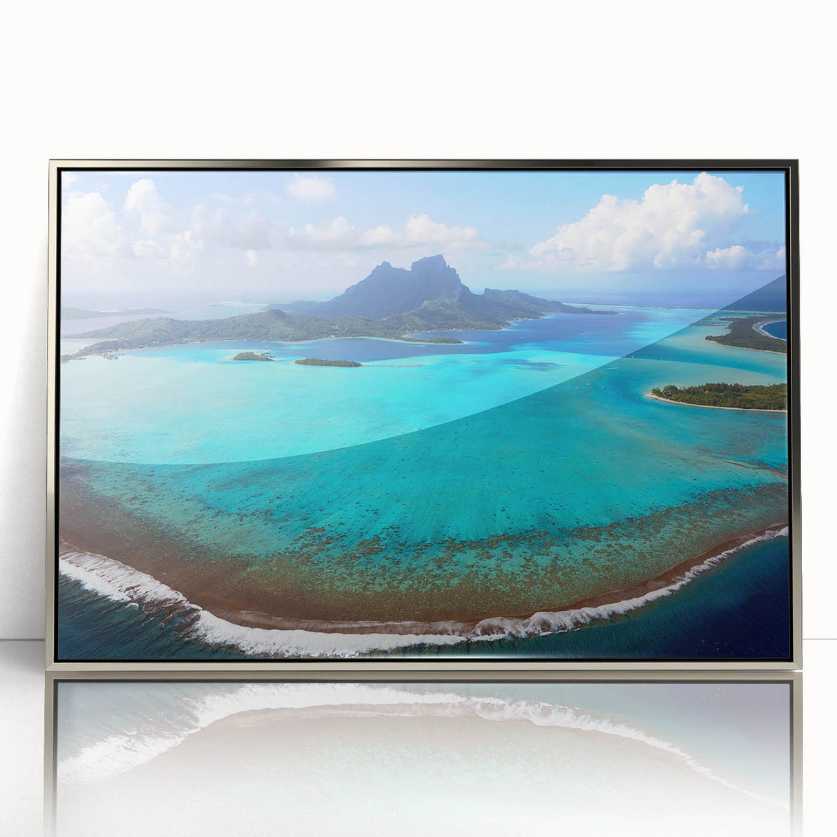 Mid-century modernist art depicting the serene Bora Bora landscape in cool blue tones, framed acrylic.