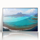 Art deco poster of Bora Bora scenery with muted ocean and sky tones, framed acrylic, ideal for modern nursery wall art.