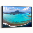 Black and white framed canvas depicting a serene Bora Bora landscape, ideal for bedroom wall art.