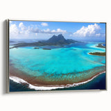 Landscape art painting of Bora Bora with vibrant blues and greens on a framed canvas, ideal for living room decor.