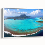 Vintage poster art of Bora Bora with vivid blue waters and lush green islands on white-framed canvas.