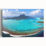Black and white stretched canvas of Bora Bora's serene landscape, ideal for kitchen wall art.