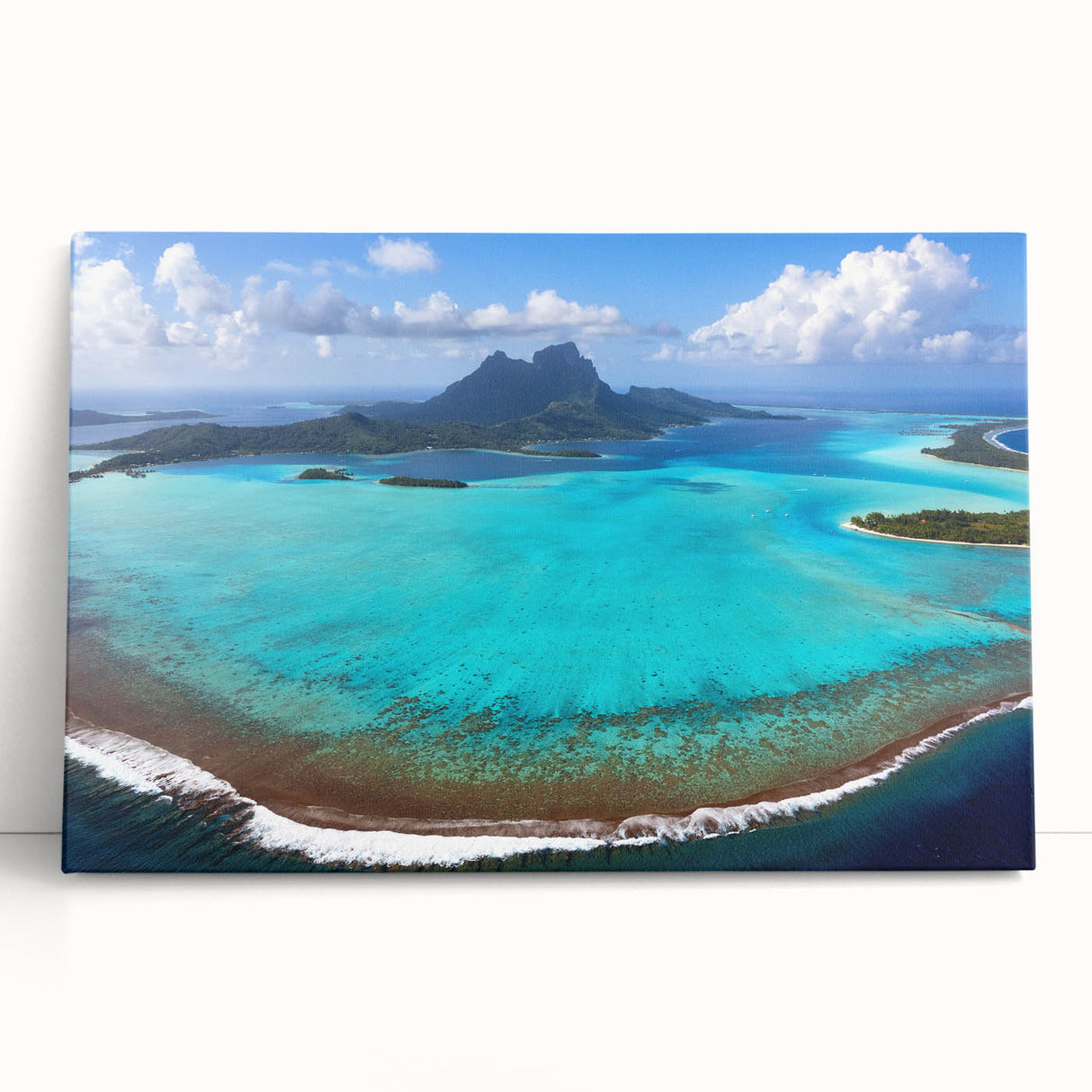 Black and white stretched canvas of Bora Bora's shoreline, ideal for kitchen wall art or bedroom ambiance.