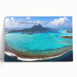Black and white stretched canvas of Bora Bora's shoreline, ideal for kitchen wall art or bedroom ambiance.