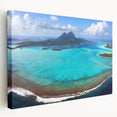 Side view of a stretched canvas depicting the serene waters and overwater bungalows of Bora Bora, ideal for kitchen wall art.