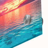 Large abstract wall art of a Tahitian landscape in muted blues and greens on acrylic glass, ideal for dining room decor.