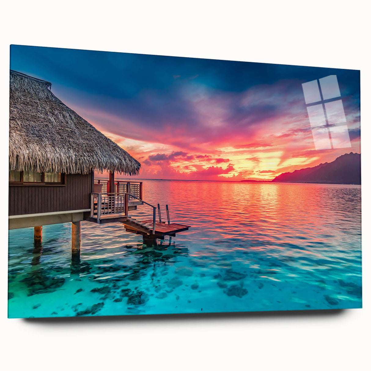 Large abstract wall art of a Tahitian scenery in vibrant blue and green tones on acrylic glass.