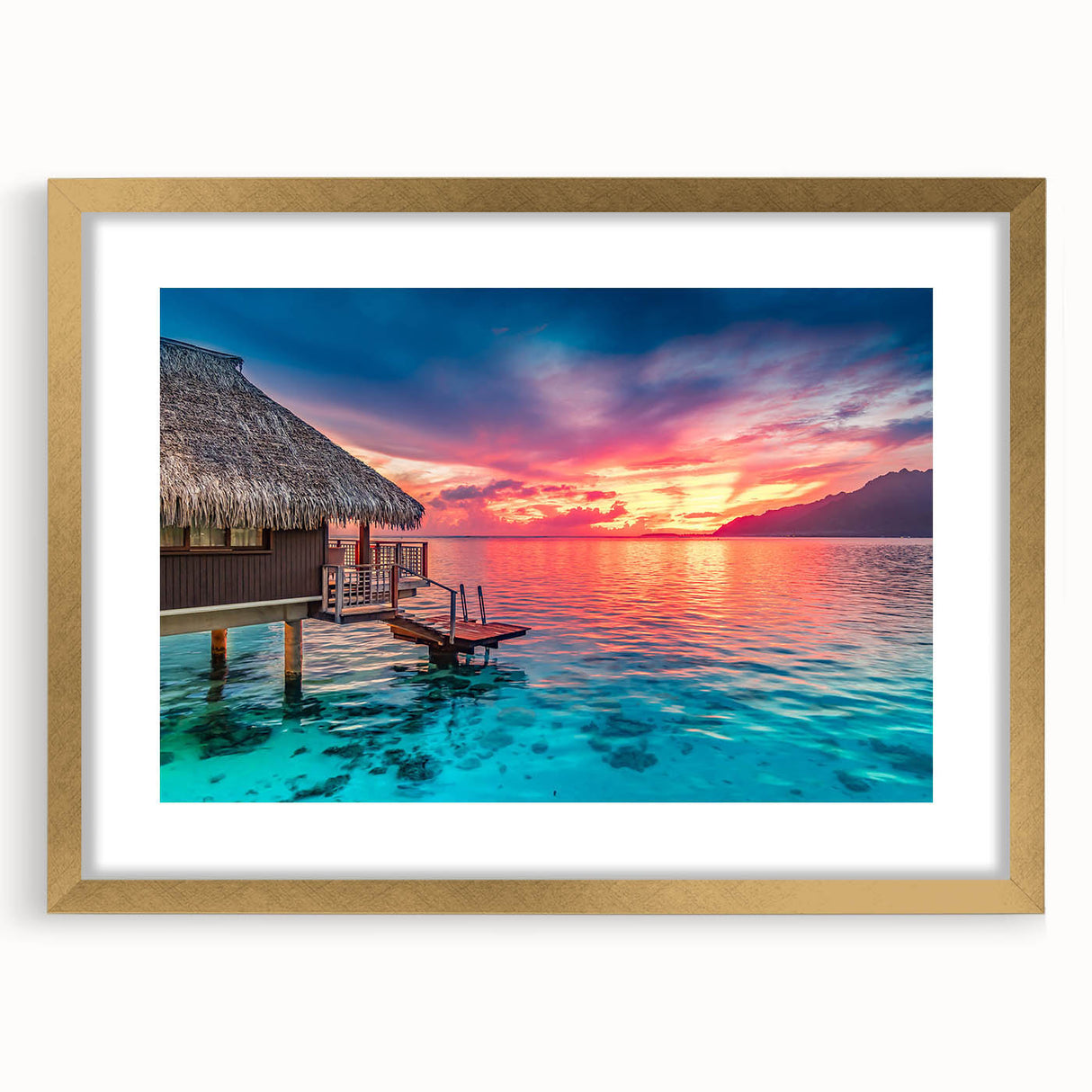 Extra large abstract art print of French Polynesia scenery in gold frame, featuring textured ocean and sky.