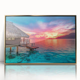 Framed acrylic print of a Tahitian landscape with lush greenery and ocean views, in mid-century modernist style.