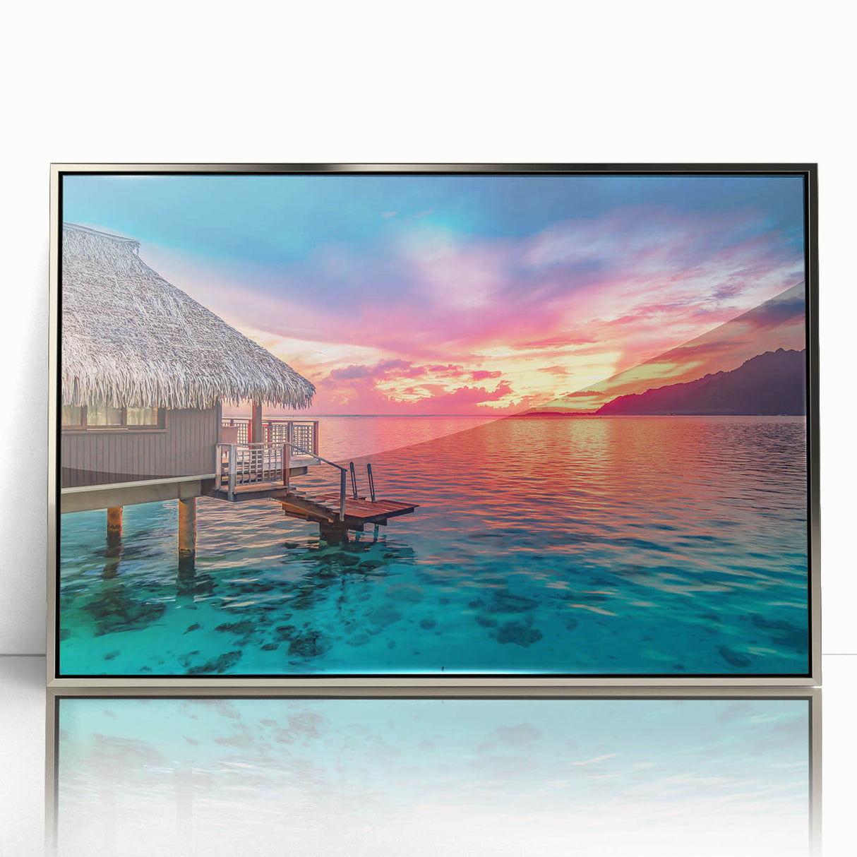 Mid-century modernist art of Oceania scenery in Tahiti with soft blue and green hues, framed in silver acrylic.
