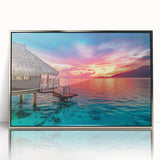 Mid-century modernist art of Oceania scenery in Tahiti with soft blue and green hues, framed in silver acrylic.