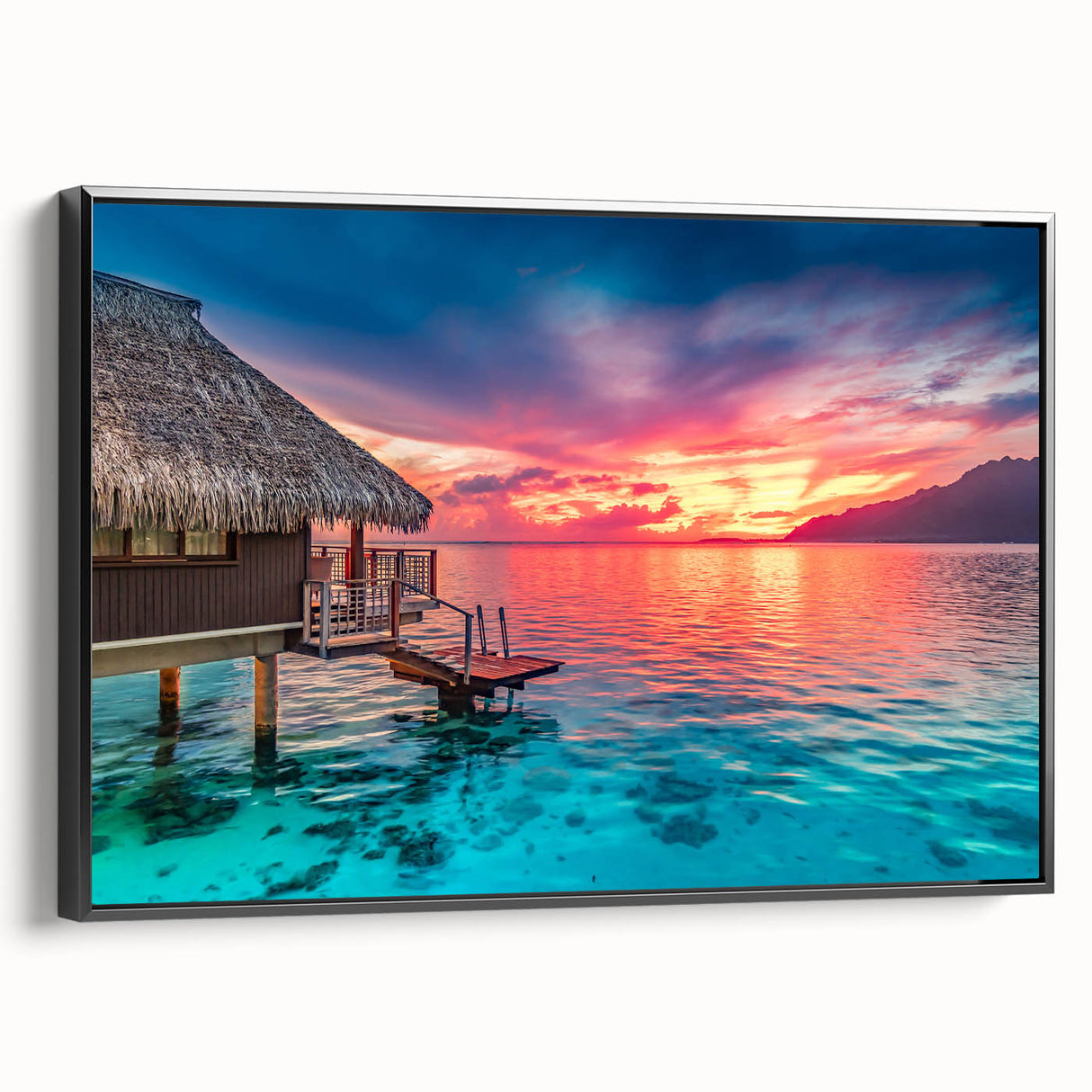 Black and white framed canvas of a Tahitian landscape, ideal for bedroom wall decor, featuring vintage poster art style.