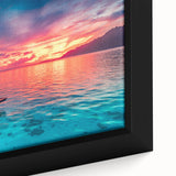 Black wall art featuring a textured Tahiti scenery in vibrant colors on a framed canvas, ideal for living room decor.