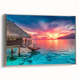 Landscape art painting of Tahitian scenery on framed canvas, featuring vibrant colors with a vintage poster style.
