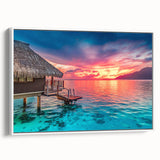 Vintage poster art of Tahiti with vibrant ocean and sky colors on a large framed canvas, ideal for living room decor.