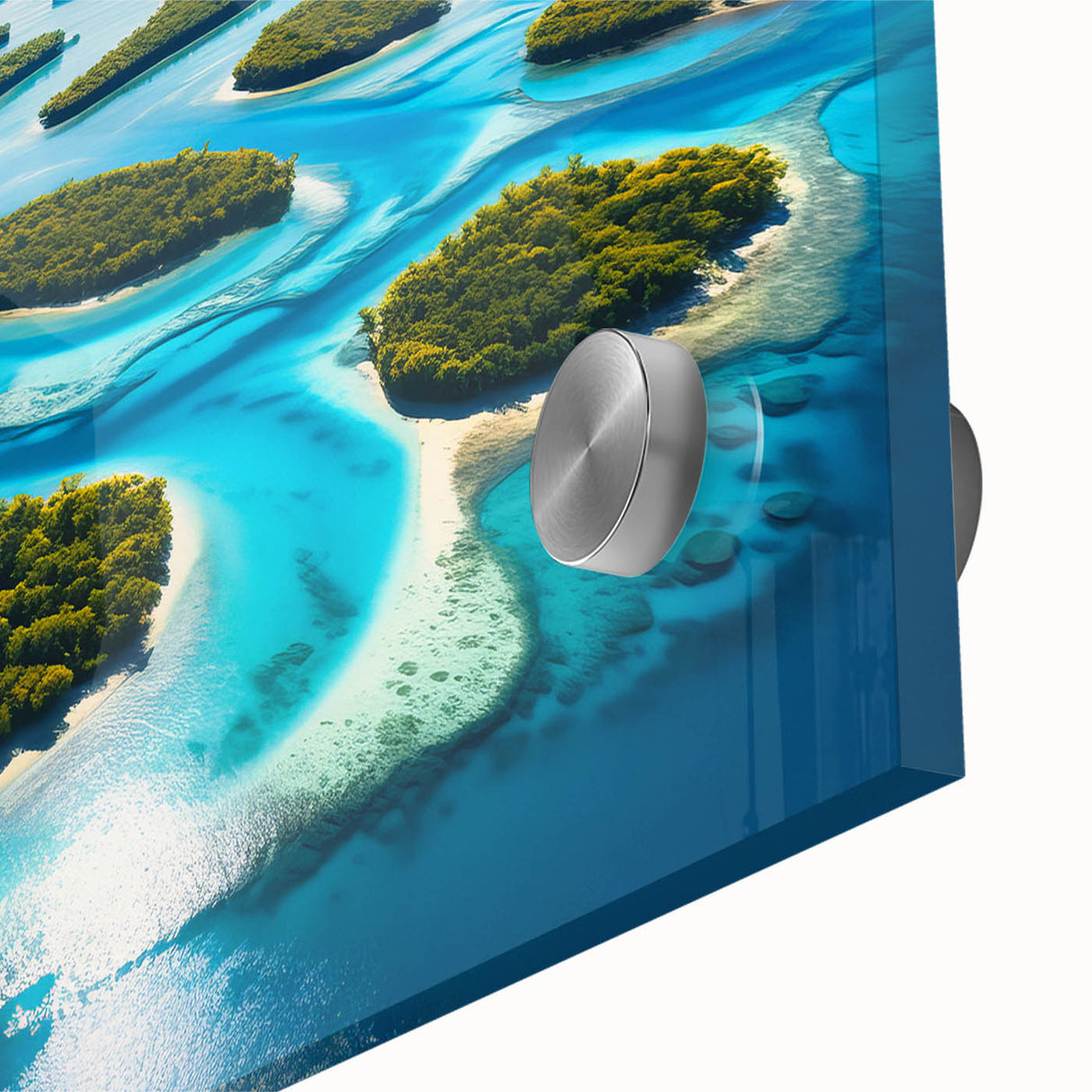 Large abstract wall art featuring oceanic blues and greens in a mid-century modernist style.