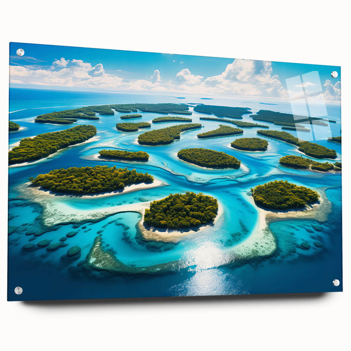 Large abstract wall art of Oceania scenery on acrylic glass, featuring vibrant oceanic blue tones.