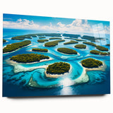 Large abstract oceanic scene in muted blue and green shades on acrylic glass, suitable for bedroom or dining room decor.