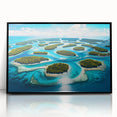 Large abstract wall art featuring swirling blue and white patterns on a framed acrylic, ideal for modern living room decor.