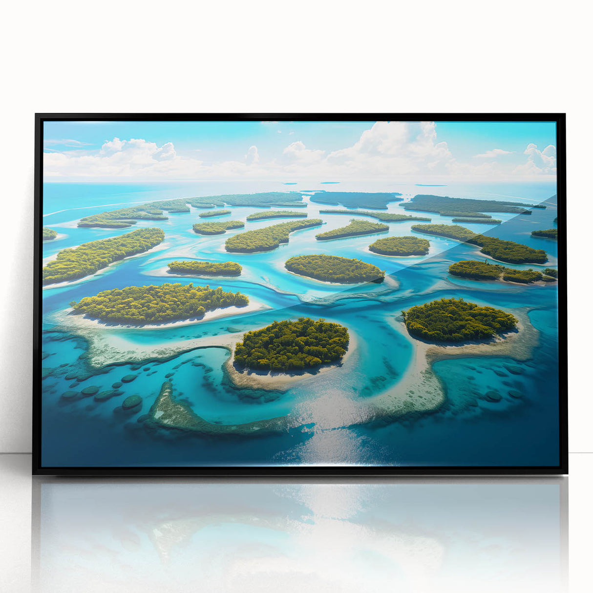 Large abstract wall art featuring swirling blue and white patterns on a framed acrylic, ideal for modern living room decor.