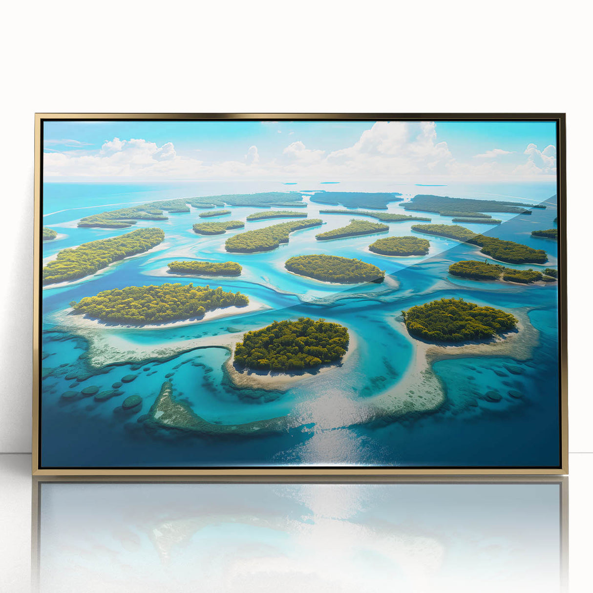 Mid-century modernist art depicting an abstract ocean scene in muted blues and greens on a framed acrylic panel.