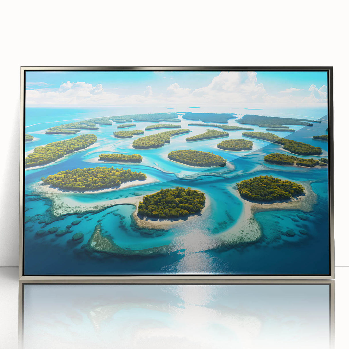 Large art print of a serene Micronesian ocean view in muted blues and greens, framed in silver acrylic.