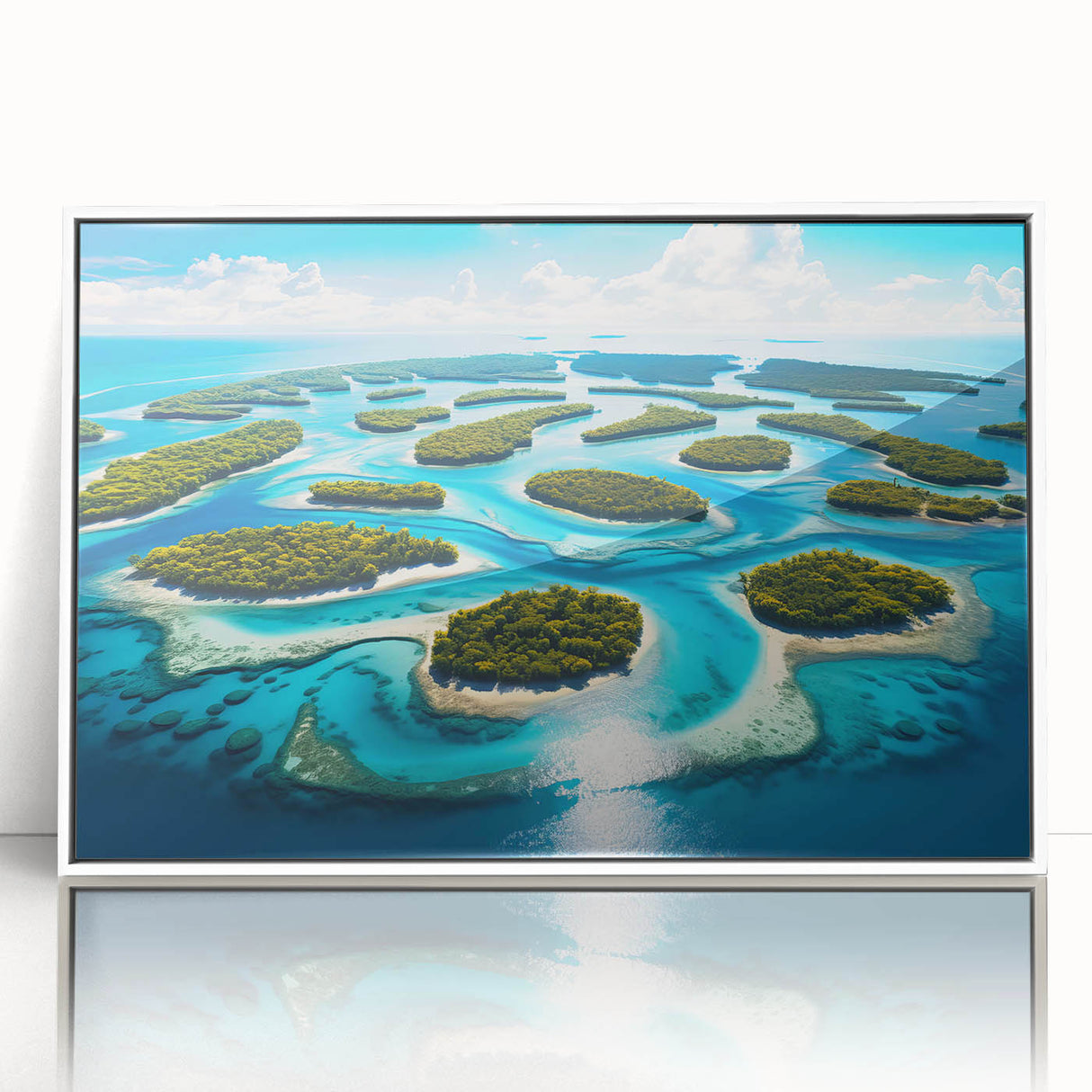 Art deco poster of Micronesia scenery in muted blue tones, framed acrylic, suitable for nursery wall art.
