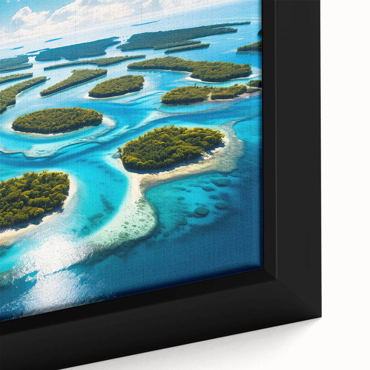 Extra large black wall art depicting a Micronesian oceanic scenery on textured framed canvas.