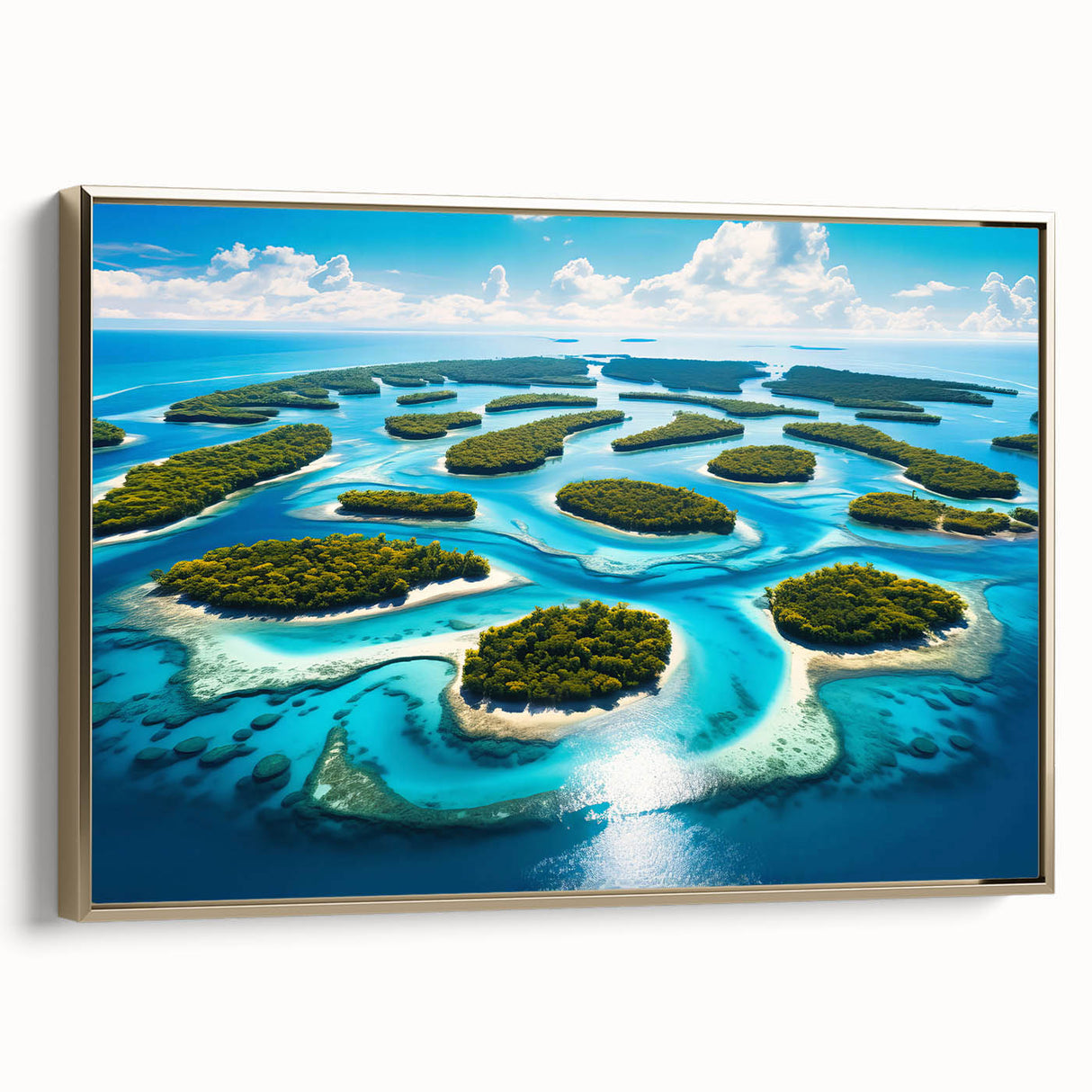 Framed canvas featuring a vintage-style landscape painting of Micronesia with a dominant black and gold color scheme.