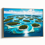 Framed canvas featuring a vintage-style landscape painting of Micronesia with a dominant black and gold color scheme.