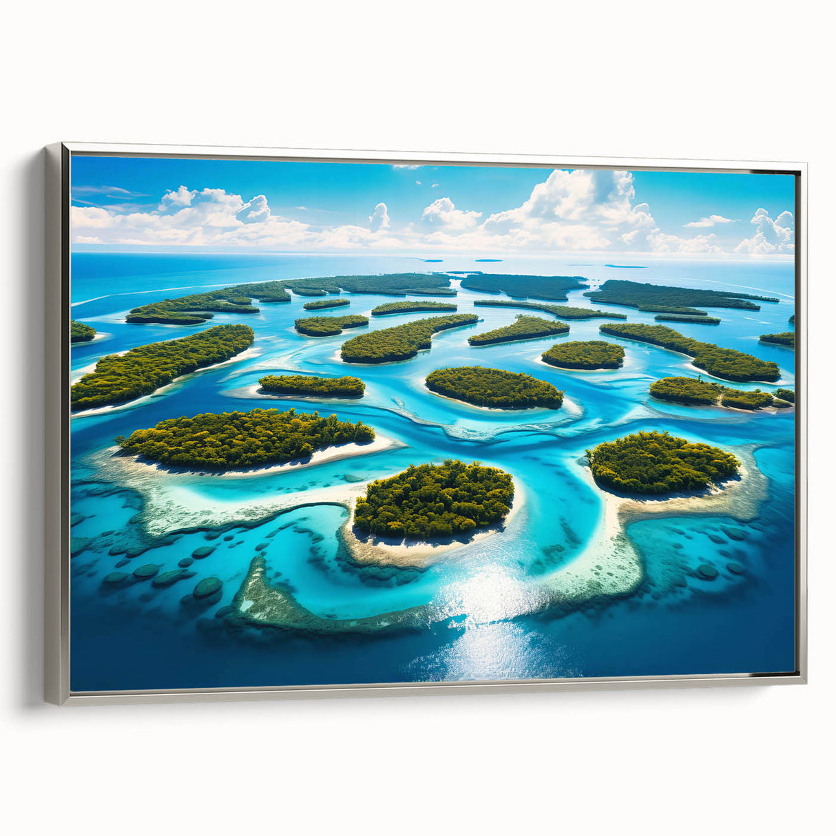 Framed canvas landscape art painting depicting a colorful vintage Micronesian scenery, ideal for enhancing black wall decor.