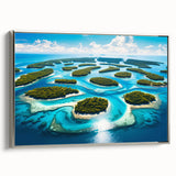 Framed canvas landscape art painting depicting a colorful vintage Micronesian scenery, ideal for enhancing black wall decor.