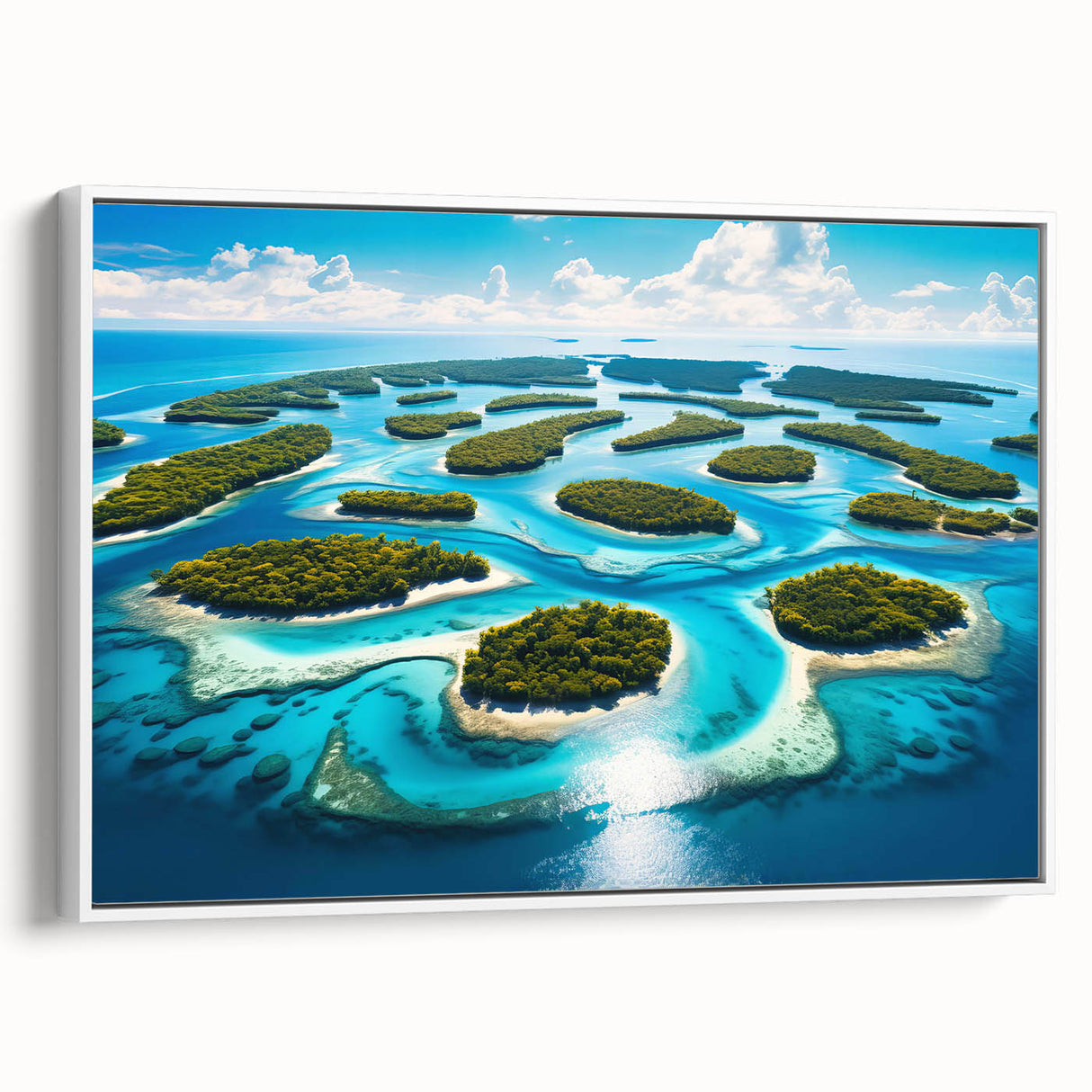 Vintage poster art of a Micronesian scenery on framed canvas, with vivid colors, ideal for living room decor.