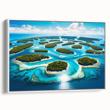 Vintage poster art of a Micronesian scenery on framed canvas, with vivid colors, ideal for living room decor.