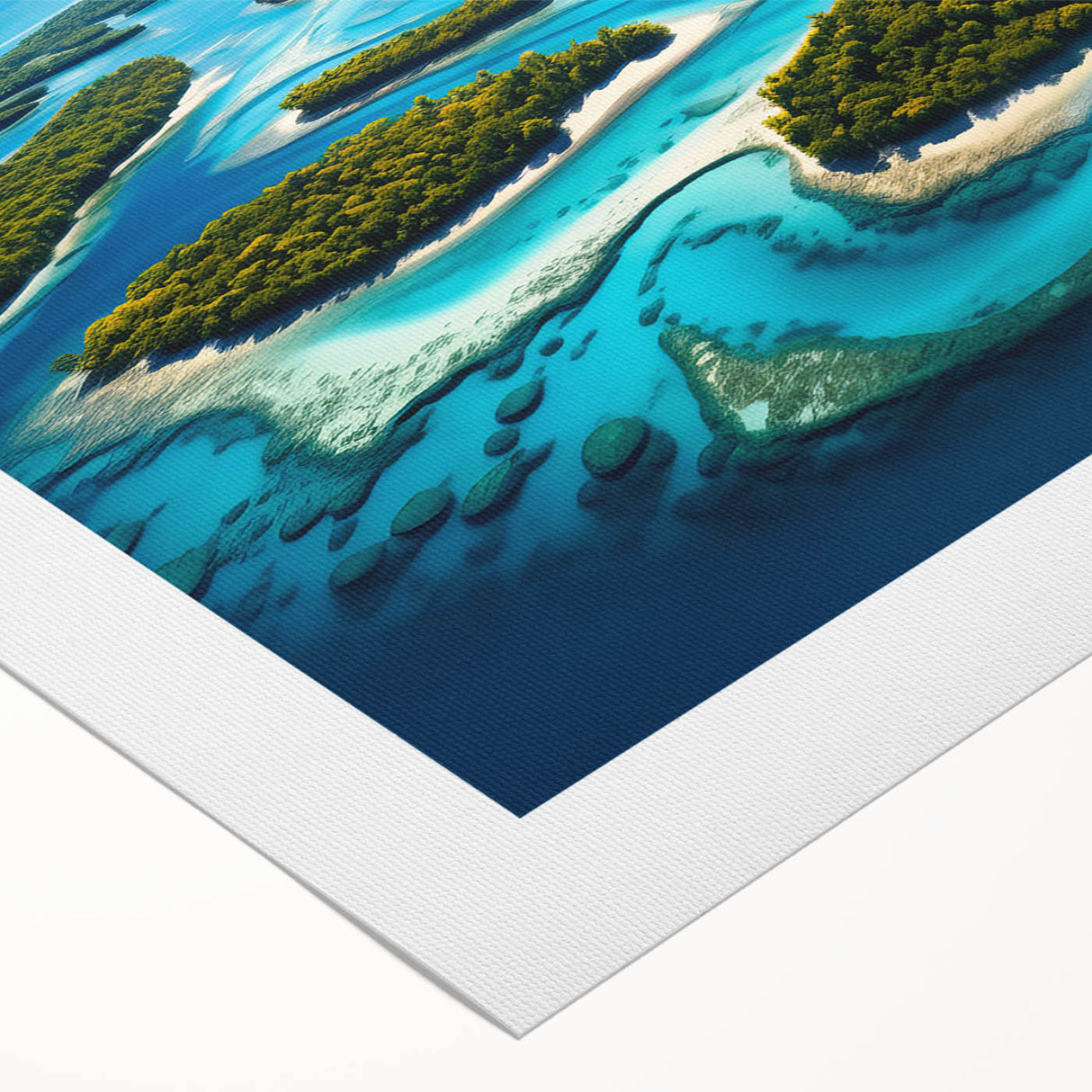 Art deco poster of a Micronesian oceanscape in soft blue and white tones on rolled canvas, suitable for dining room decor.