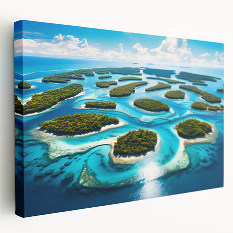 Side view of a stretched canvas depicting a serene Micronesian oceanic landscape, ideal for kitchen wall art.