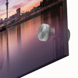 Large abstract wall art of Auckland's skyline in muted blue tones on acrylic glass, ideal for dining room art.
