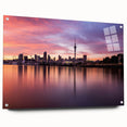 Acrylic print of Auckland skyline in muted blue and gray tones, ideal for bedroom or dining room decor.