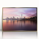 Mid-century modernist acrylic print of Auckland skyline in muted gold tones, ideal for nursery wall decor.