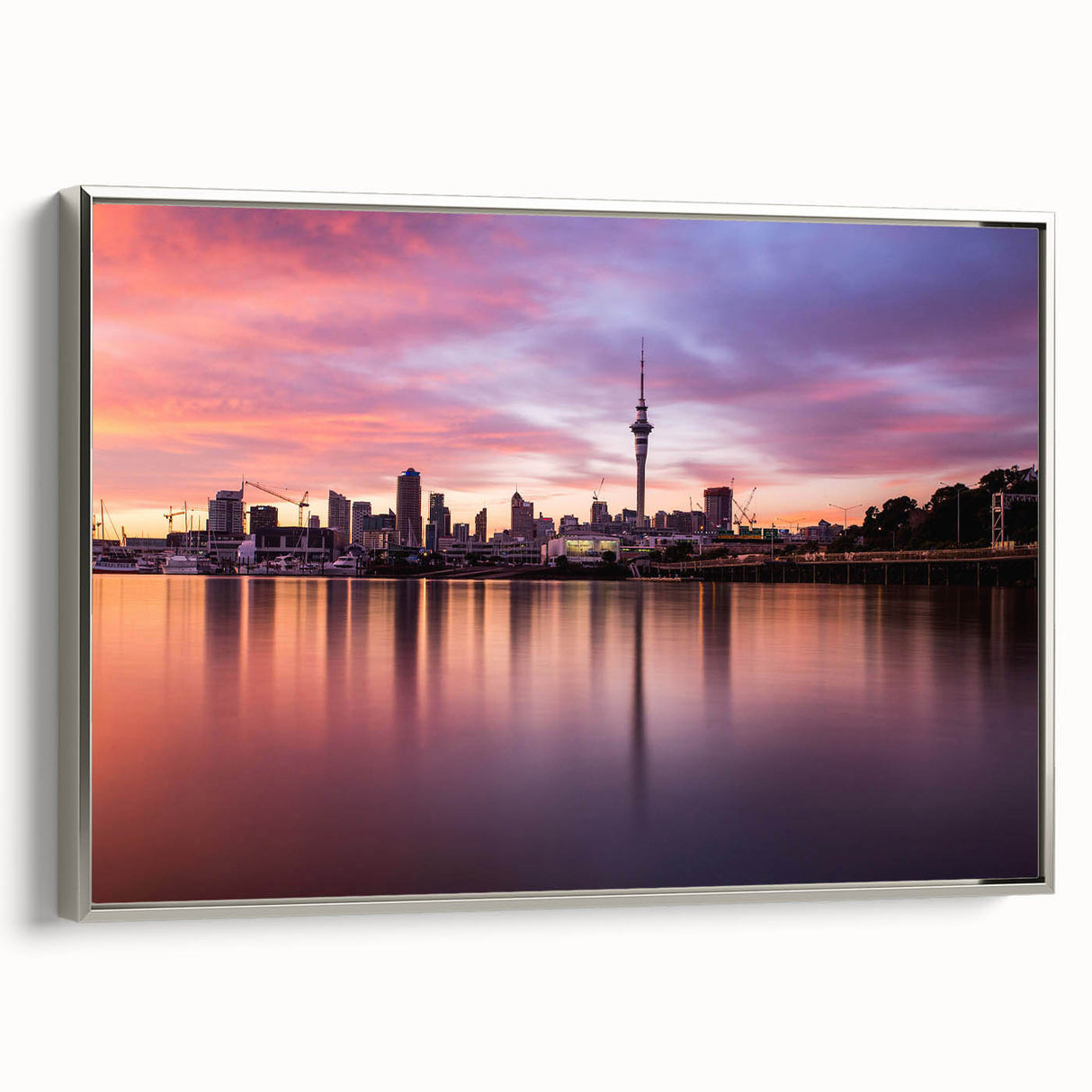 Framed canvas of a vintage-style Auckland landscape painting in vibrant colors, ideal for living room decor.