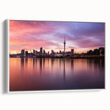 Vintage poster art of Auckland skyline in colorful hues on a large framed canvas, ideal for living room decor.