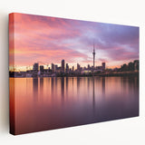 Large art print of Auckland skyline on stretched canvas with muted blue and gray tones, ideal for kitchen wall art.