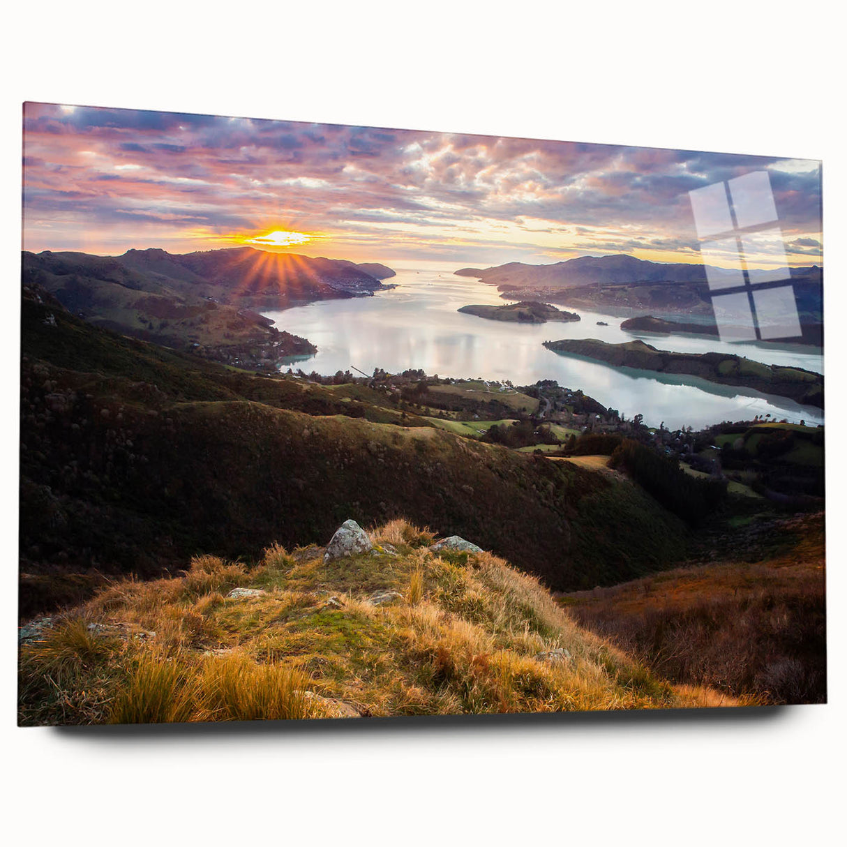 Large abstract wall art of Canterbury, New Zealand in muted blue and green tones on acrylic glass.