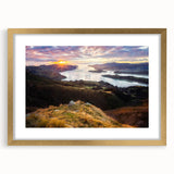 Extra large abstract art print of Canterbury, New Zealand in textured gold frame, featuring muted earth tones.