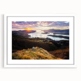 Abstract art print of Canterbury, New Zealand in muted blue and green tones on a white framed canvas.