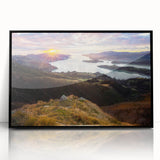 Large abstract wall art depicting the Canterbury, New Zealand scenery in muted earth tones on a black framed acrylic print.