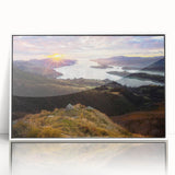 Art deco poster of Canterbury, New Zealand scenery in muted green and blue tones, framed acrylic.