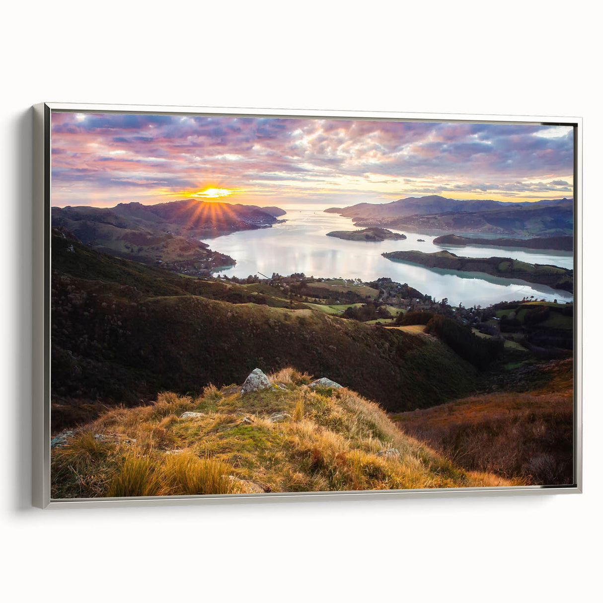 Landscape art painting of Canterbury, New Zealand on framed canvas, featuring vibrant colors with a vintage poster style.