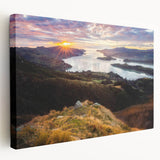 Large stretched canvas featuring a serene New Zealand Canterbury landscape in soft green and blue tones.